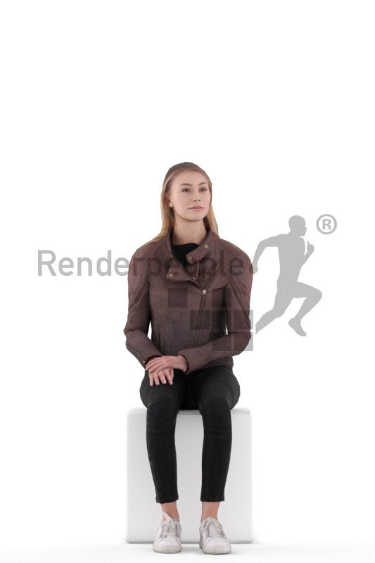 Animated human 3D model by Renderpeople – european woman in casual daily outfit, sitting and looking around