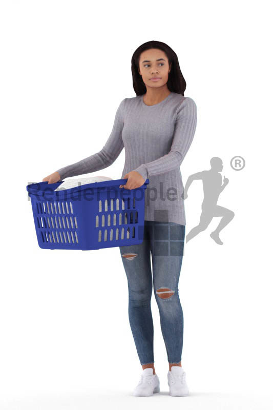 3D People model for 3ds Max and Sketch Up – black woman, casual, walking with a laundry basket