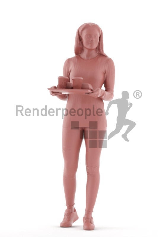 Posed 3D People model for visualization – black woman walking with a serving tablet