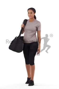 Posed 3D People model for visualization – black woman with sports outfit and sportsbag