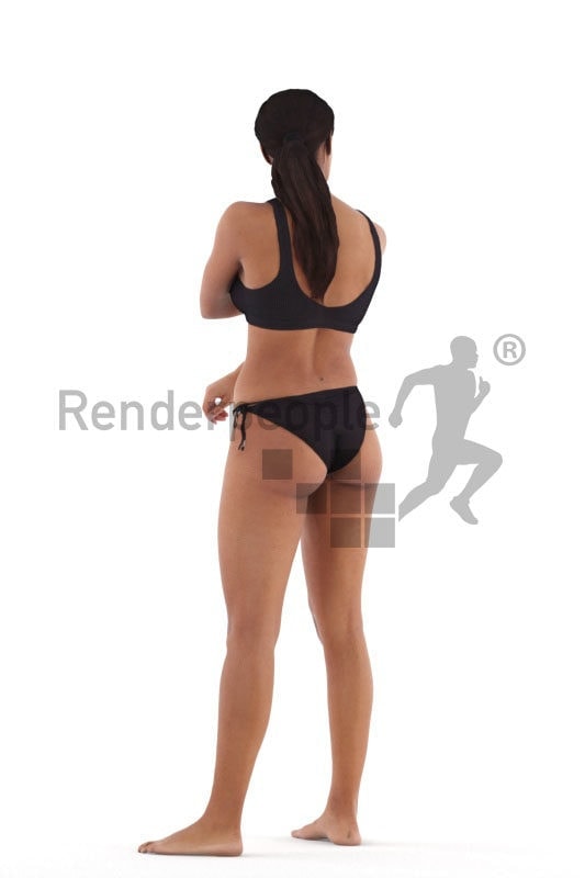 Realistic 3D People model by Renderpeople, black woman in bikini, putting on sunscreen