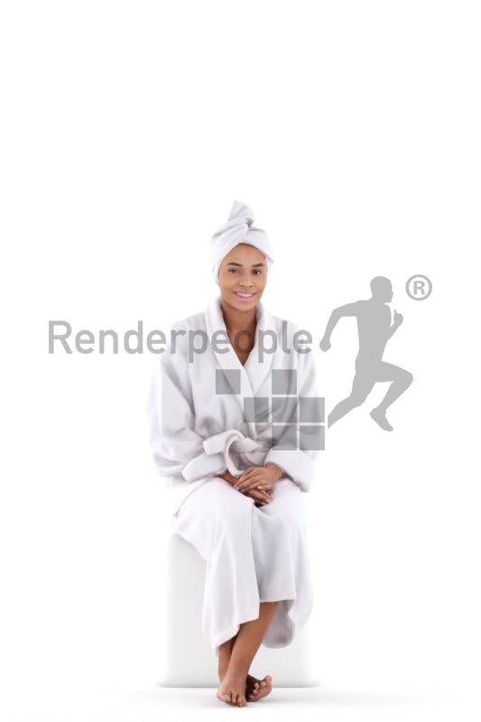 Posed 3D People model for renderings – black woman in a bathrobe, sitting