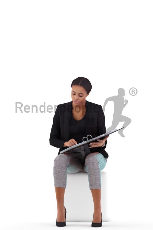 Scanned 3D People model for visualization – black woman, business, sitting and interacting