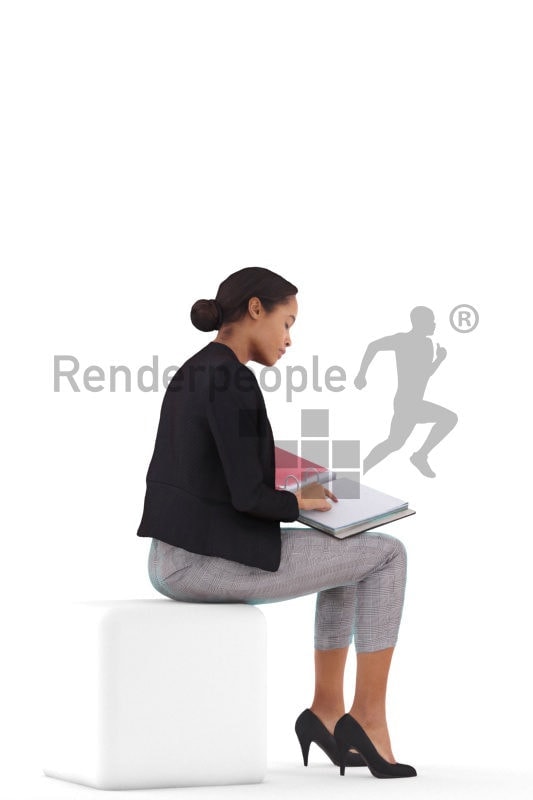 Scanned 3D People model for visualization – black woman, business, sitting and interacting