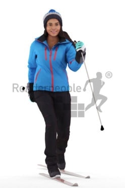 3d people sports, 3d white woman, with skiing equipment/gear