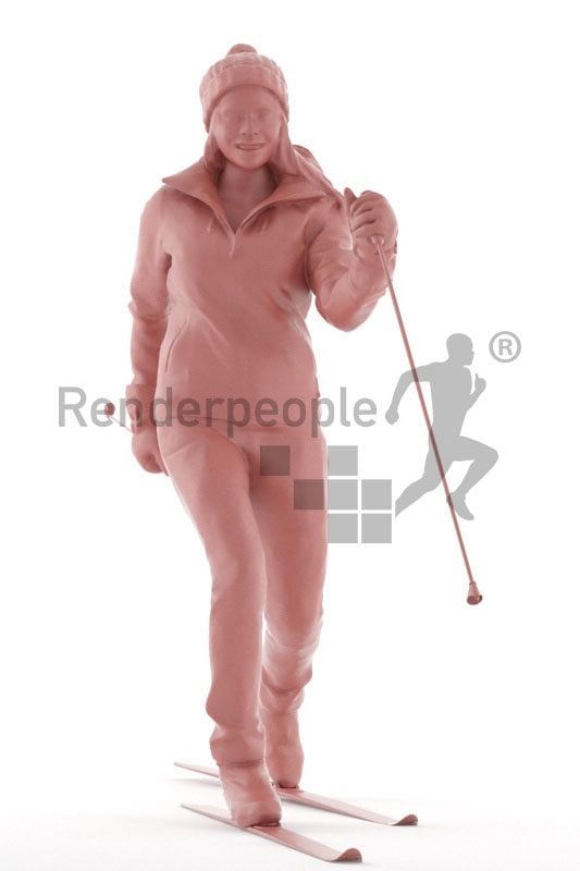 3d people casual, 3d white woman, with skiing equipment/gear
