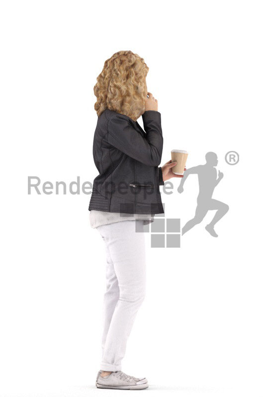 3D People model for 3ds Max and Cinema 4D – european woman in casual leather jacket, holding a cup of coffee and calling