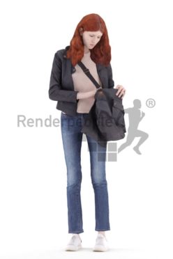 3d people casual, white 3d woman standing and looking into bag