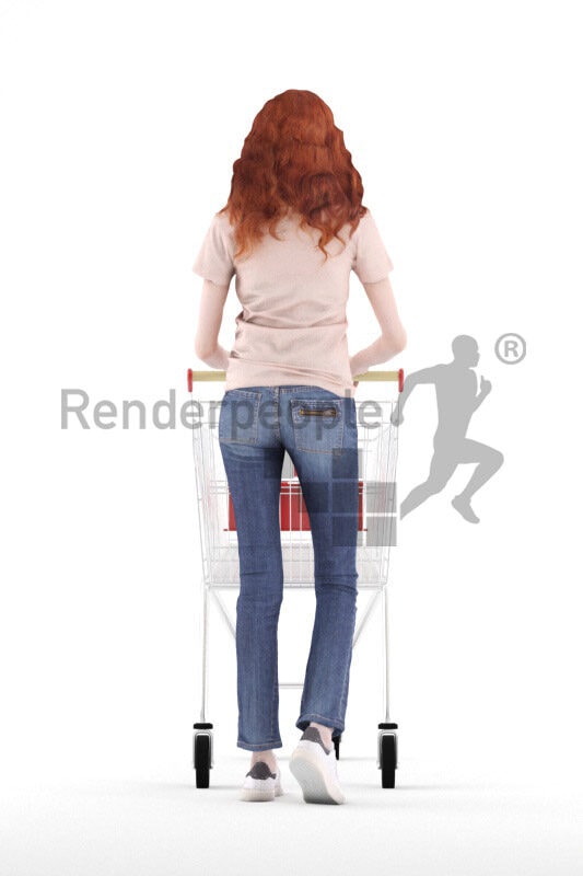 Scanned 3D People model for visualization – european female in casual daily look, walking with trolly
