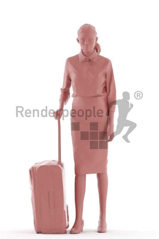 3d people business, white 3d woman standing and carrying trolley