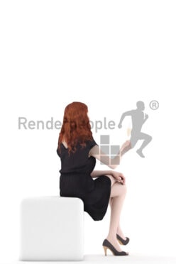 Photorealistic 3D People model by Renderpeople – european woman in red hair in chic event dress, sitting and drinking champagne