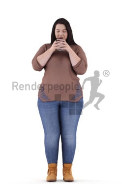 3d people casual, white 3d woman standing and drinking