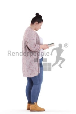 3d people casual, white 3d woman standing and reading book