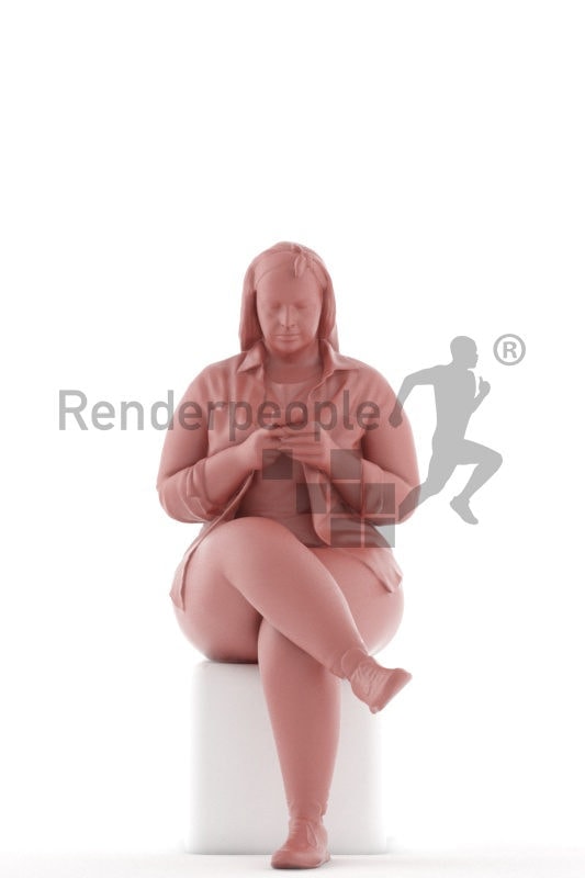 3d people casual, white 3d woman sitting and holding smartphone