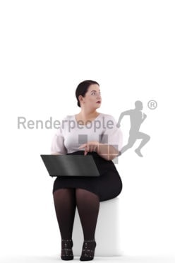 3d people business, white 3d woman sitting and pointing at laptop
