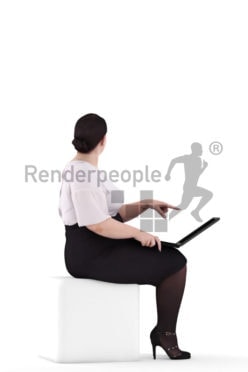 3d people business, white 3d woman sitting and pointing at laptop