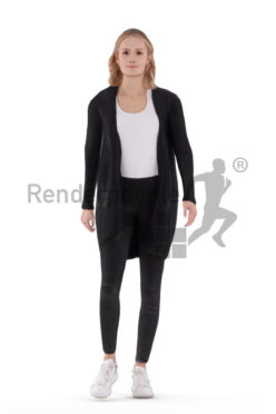 Animated human 3D model by Renderpeople – european female in casual cardigan, walking