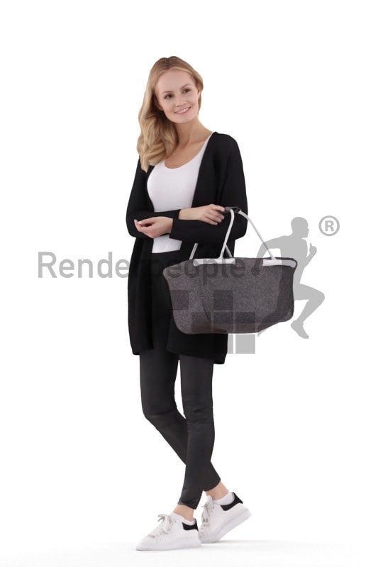 Posed 3D People model for visualization – european casual dressed female, walking with a shopping basket
