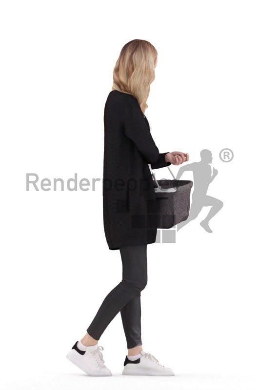 Posed 3D People model for visualization – european casual dressed female, walking with a shopping basket