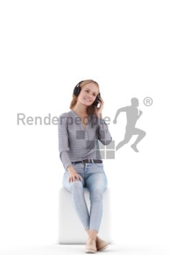 Scanned human 3D model by Renderpeople – white woman in daily cllothes, sitting and listening to music