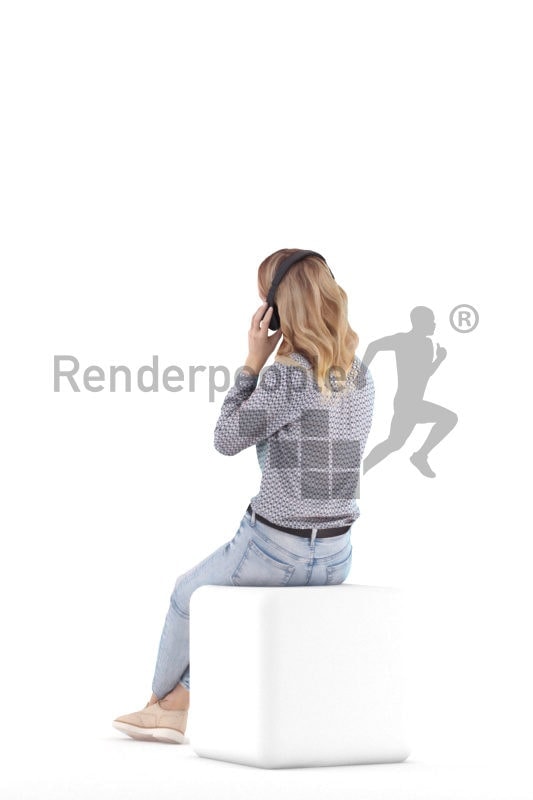 Scanned human 3D model by Renderpeople – white woman in daily cllothes, sitting and listening to music