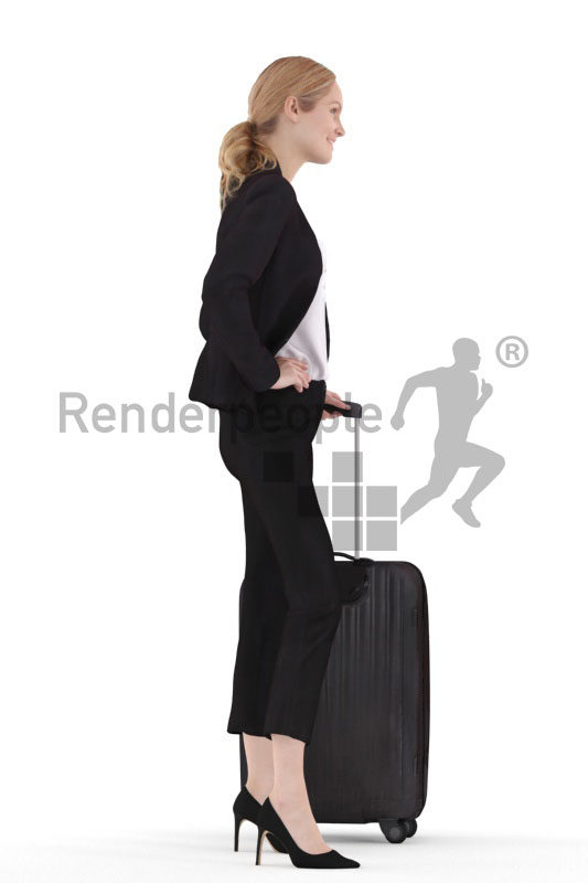 3d people business,3d white woman standing with a trolley bag