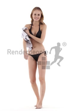 Scanned 3D People model for visualization – european female in bikini, walking with a towel