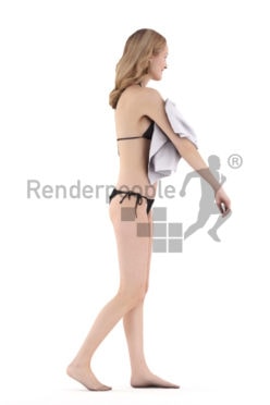 Scanned 3D People model for visualization – european female in bikini, walking with a towel