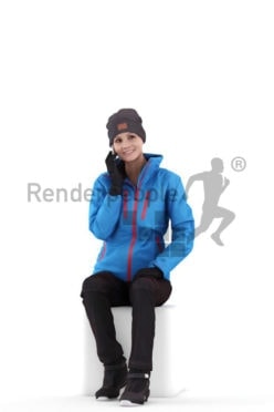 3D People model for 3ds Max and Sketch Up – european woman in skiing wear, sitting and calling