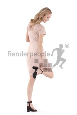 Posed 3D People model for visualization – european woman, event, putting on her shoes