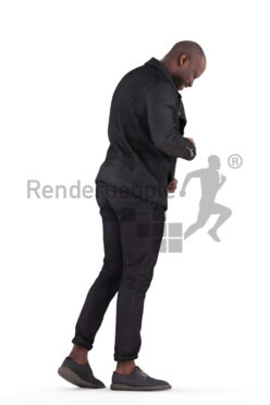 Posed 3D People model for renderings – black man in smart casual look, pulling on his jacket