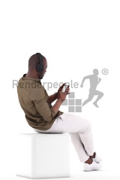 Photorealistic 3D People model by Renderpeople – black male in smart casual outfit, relaxing with mobilephone and headphones