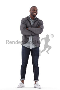 Posed 3D People model for visualization – black man in smart casual look, standing and listening