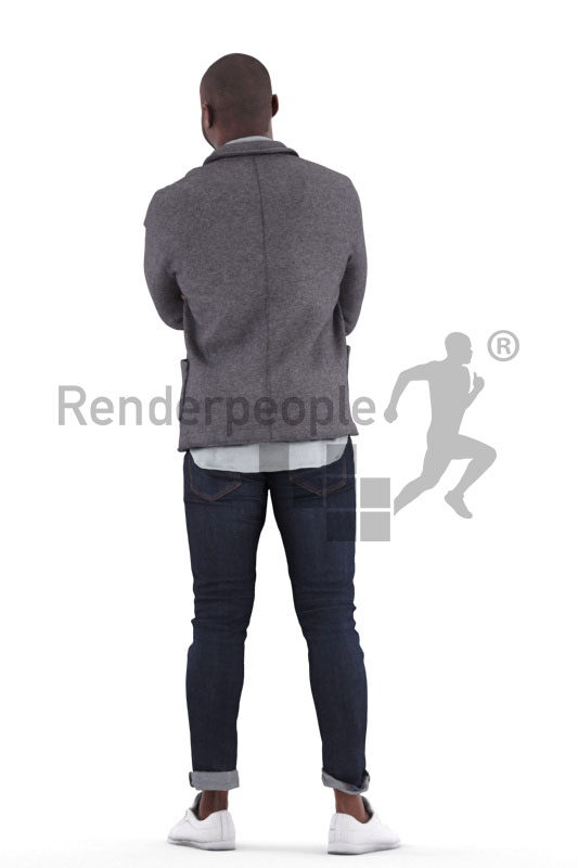 Posed 3D People model for visualization – black man in smart casual look, standing and listening