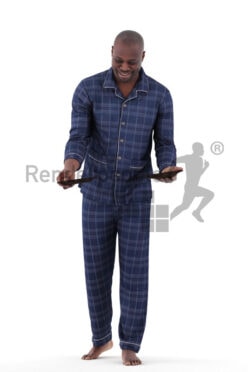 Photorealistic 3D People model by Renderpeople – black man in sleepwear, serving plates and smiling