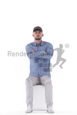 Animated 3D People model for Unreal Engine and Unity – european man with cap and blue shirt, sitting