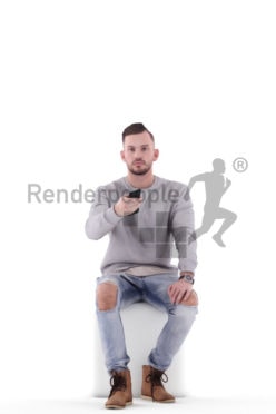 3d people casual, white 3d man sitting with the remote