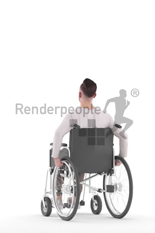 3d people casual, white 3d man sitting, in a wheelchair