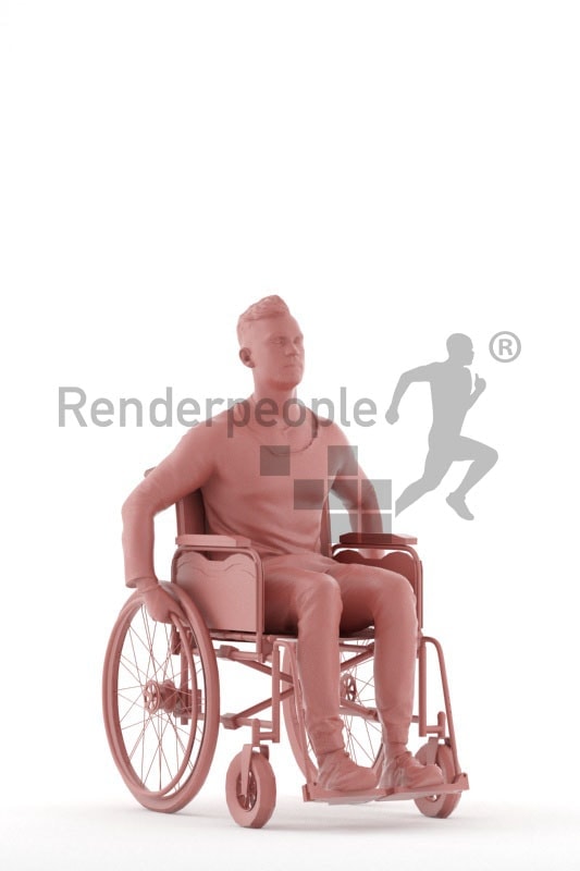 3d people casual, white 3d man sitting, in a wheelchair