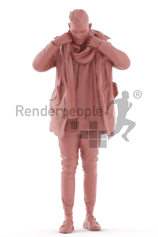 3d people outdoor, white 3d man standing, putting on his cloth