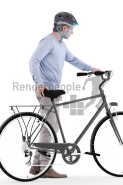 Posed 3D People model for visualization – elderly white man with a bike, wearing a helmet