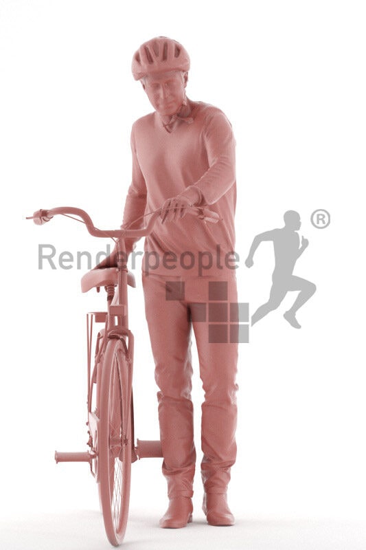 Posed 3D People model for visualization – elderly white man with a bike, wearing a helmet