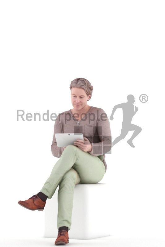 3d people sports, white 3d man sitting and browsing the web.