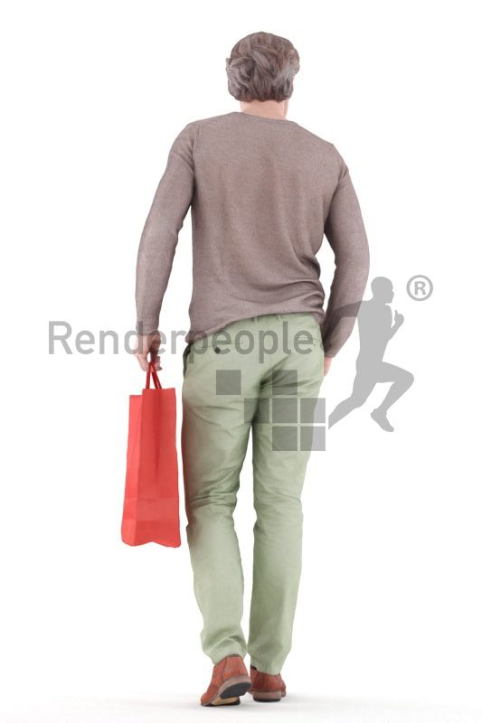 3d people casual, white 3d man walking and holding shopping bag