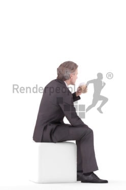 3d people business, white 3d man sitting and drinking