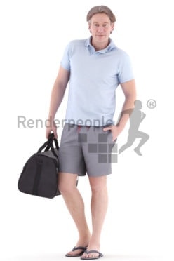 3d people casual, white 3d man walking and carrying a sports bag