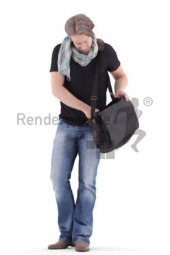 3d people casual, white 3d man standing and looking into bag