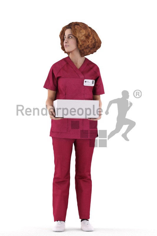 Posed 3D People model for visualization – middle eastern woman in healthcare outfit, carrying a box