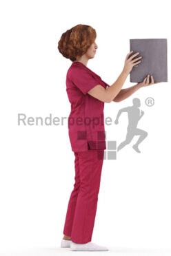 Posed 3D People model for visualization – middle eastern woman in healtcare clothes, standing with folder
