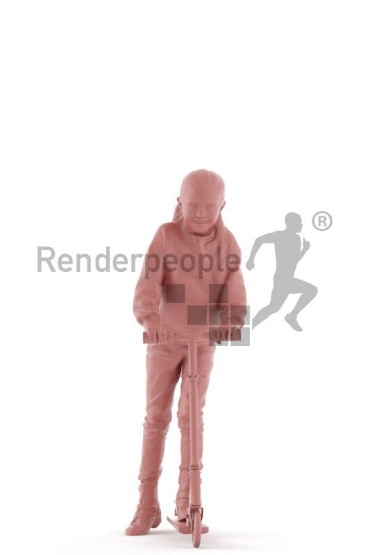 Photorealistic 3D People model by Renderpeople – little european girl on a scooter